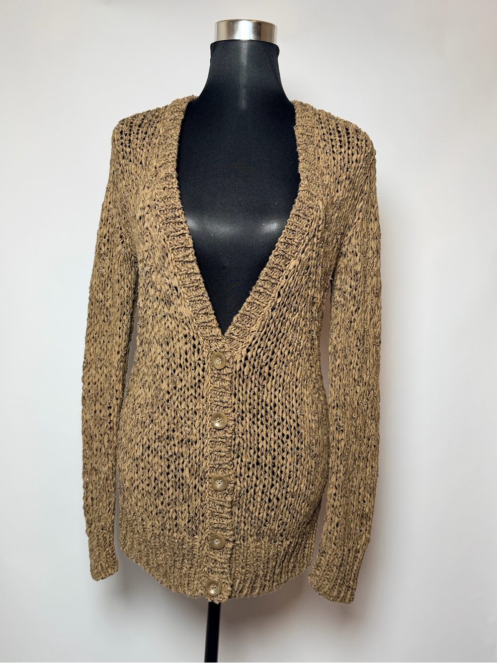 Hinge Open Knit Button Front Cardigan Sweater Tan Beige Medium